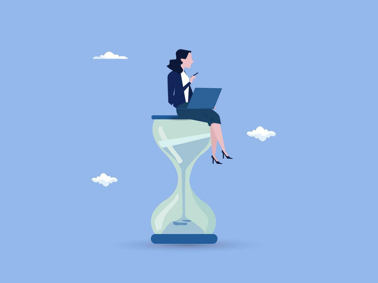 Working with time count down, project deadline or time management, urgent work, productivity or work efficiency concept, businesswoman working with computer laptop on time passing sandglass. vector