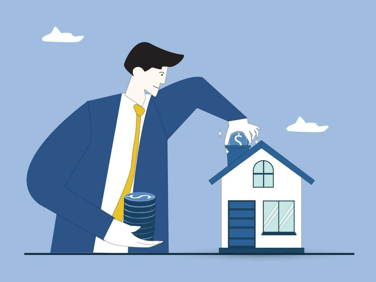 Self-build house construction loan. Mortgage for building concept. Man holding a stack of coins putting one coin into house roof building. Construction costs covered by bank. Investment in building. vector