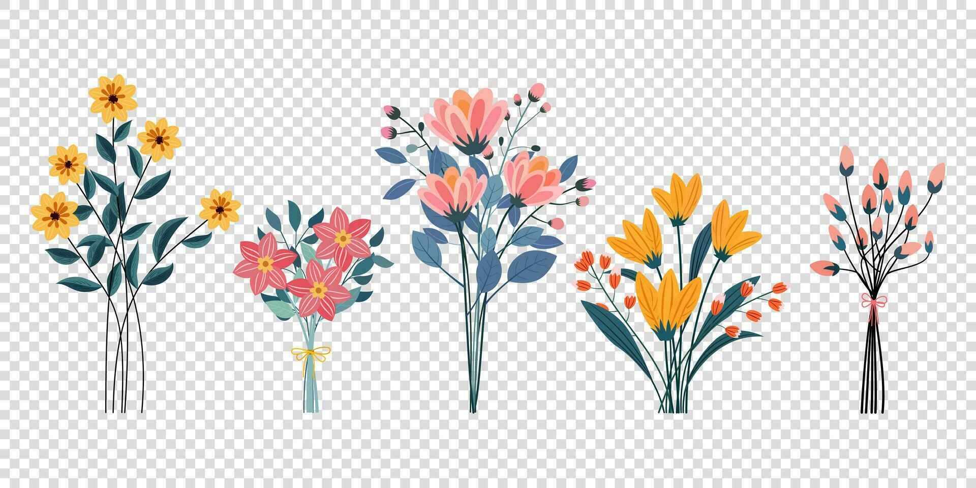 set of different beautiful bouquets wild flowers vector flat illustration. collection floral isolated for gift and decoration