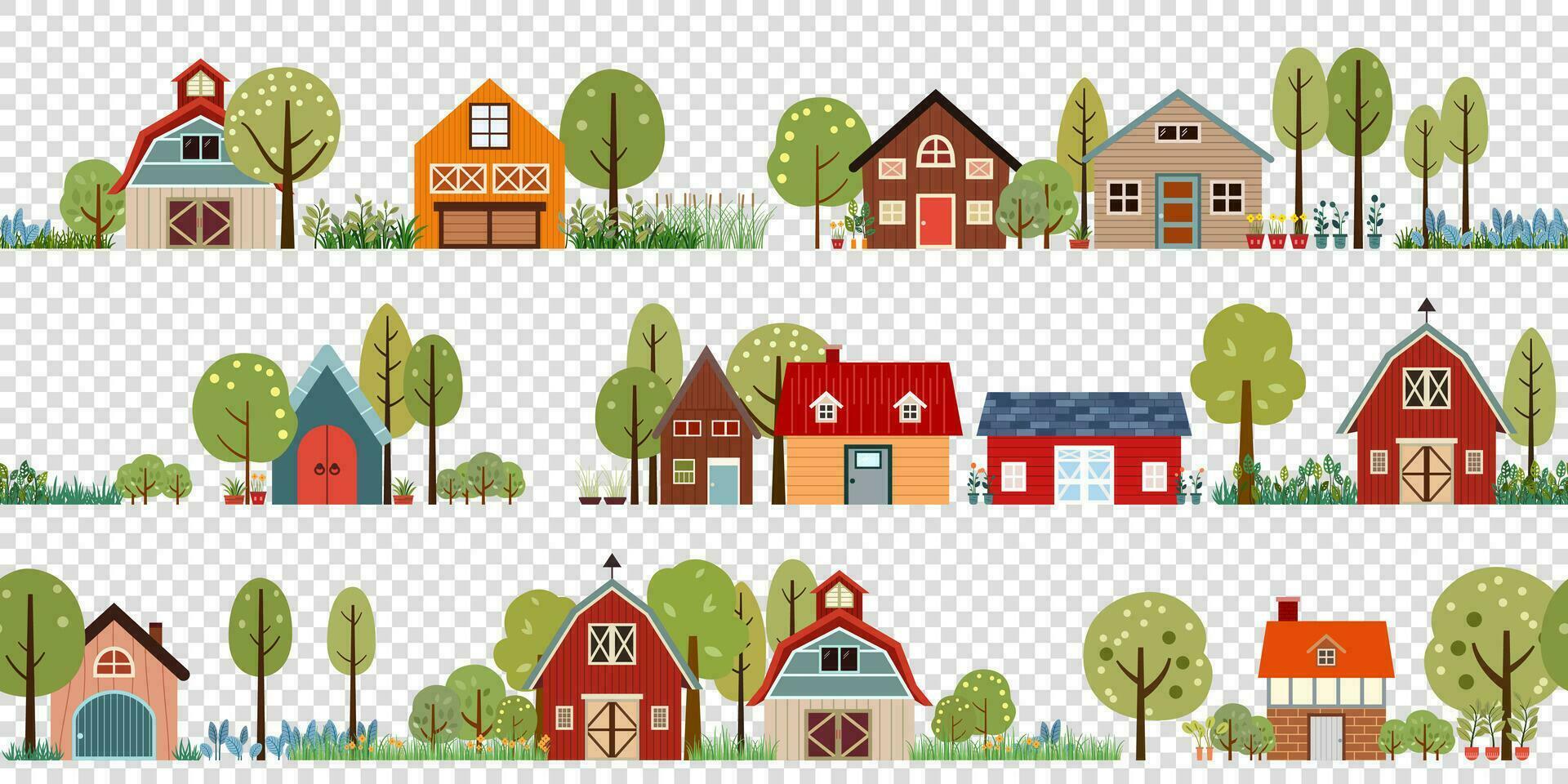 house city building, barn farm and tree style cosy town panorama flat vector illustration isolated in a row frame or border