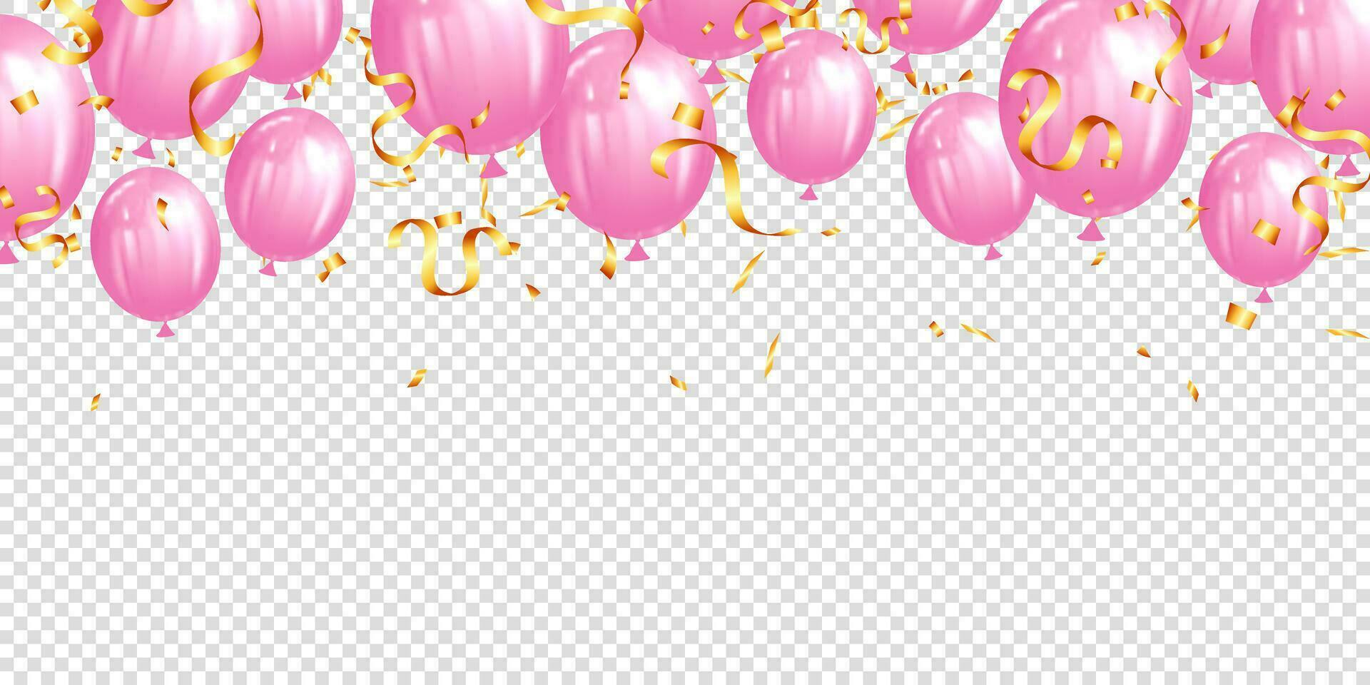 vector realistic pink balloon and gold confetti border background. festive helium balloons for anniversary, birthday party design