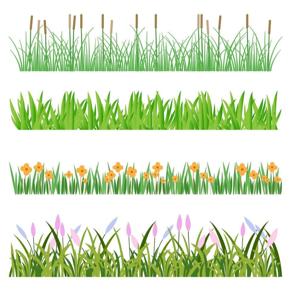 realistic green lawn, spring and summer vector grass border or meadow set. natural, organic, bio, eco labels