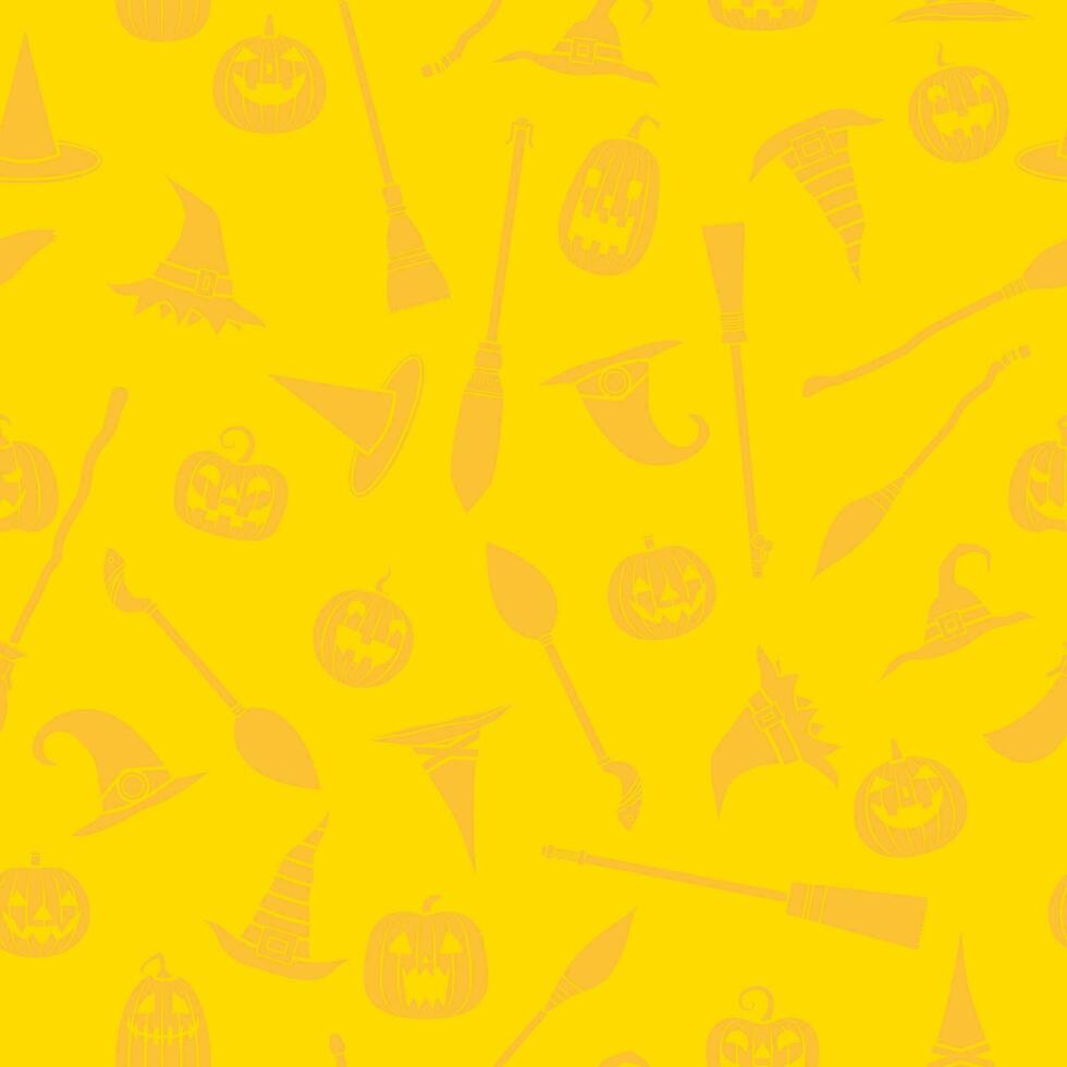 Seamless vector pattern, collection Halloween elements. silhouette hat, broom and pumpkin. yellow background
