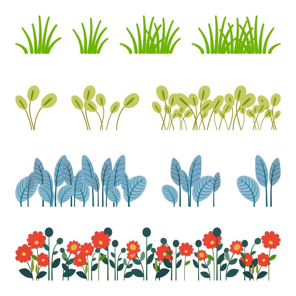 set of green grass isolated. leaf borders, flower elements, nature background vector illustration. Green land concept for template design