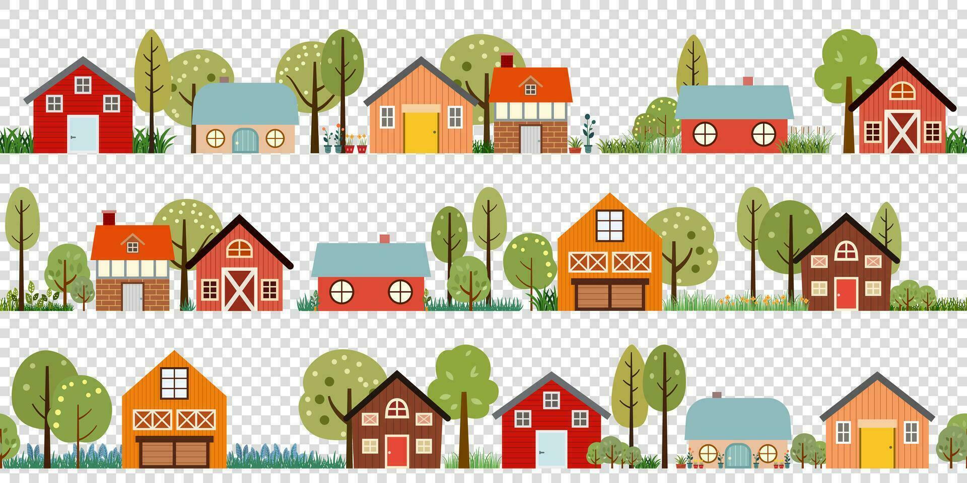 border vector banner with rural panoramic scene. countryside village with farm, meadow, barn, houses, trees abstract background