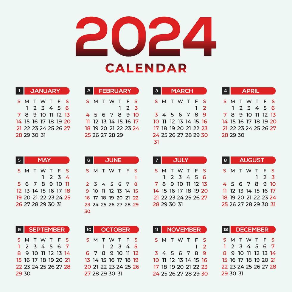 2024 nuevo año rojo y negro degradado vistoso calendario vector