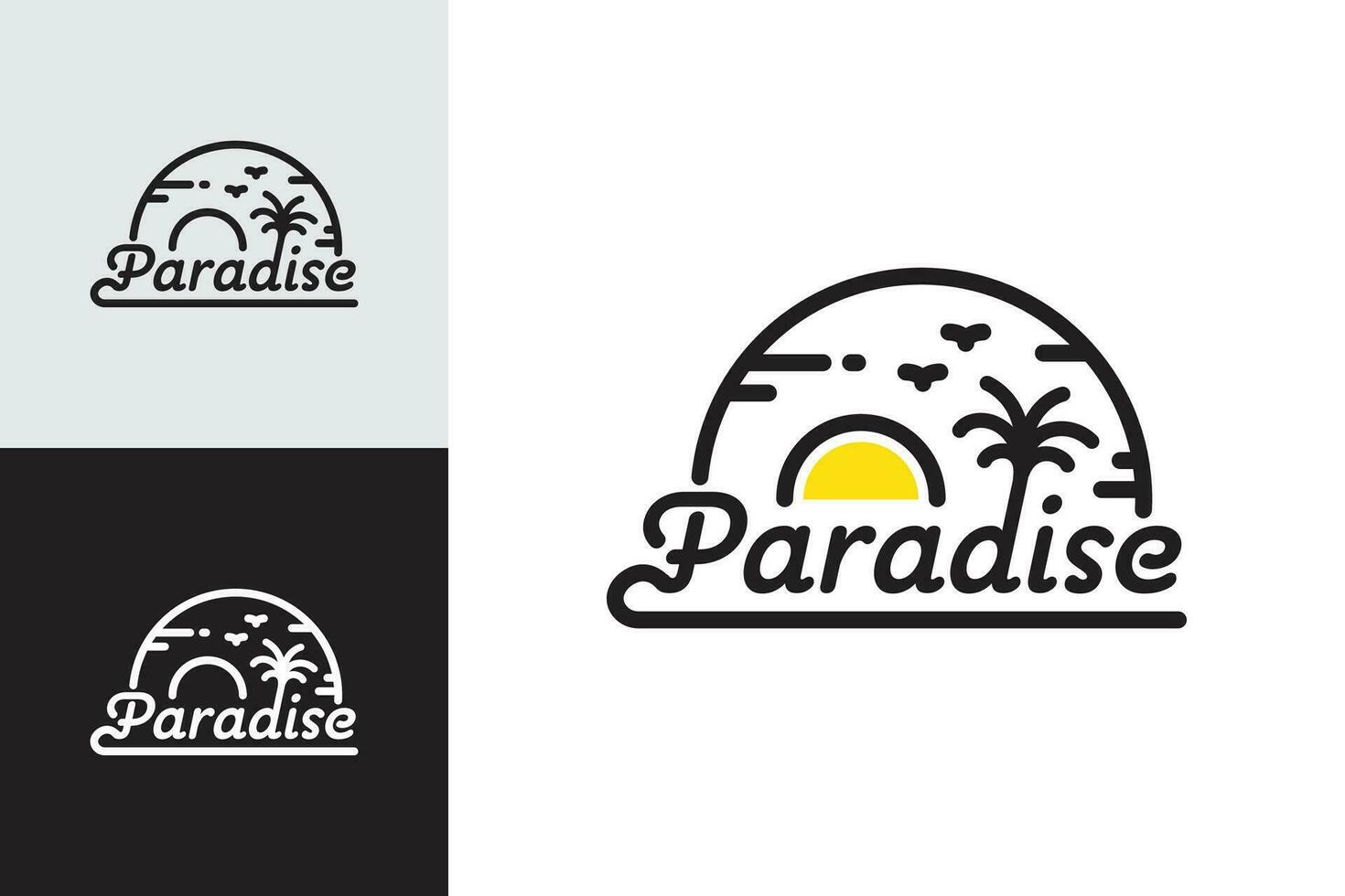 línea Arte paraíso logo tropical playa concepto con palma arboles y puesta de sol vector