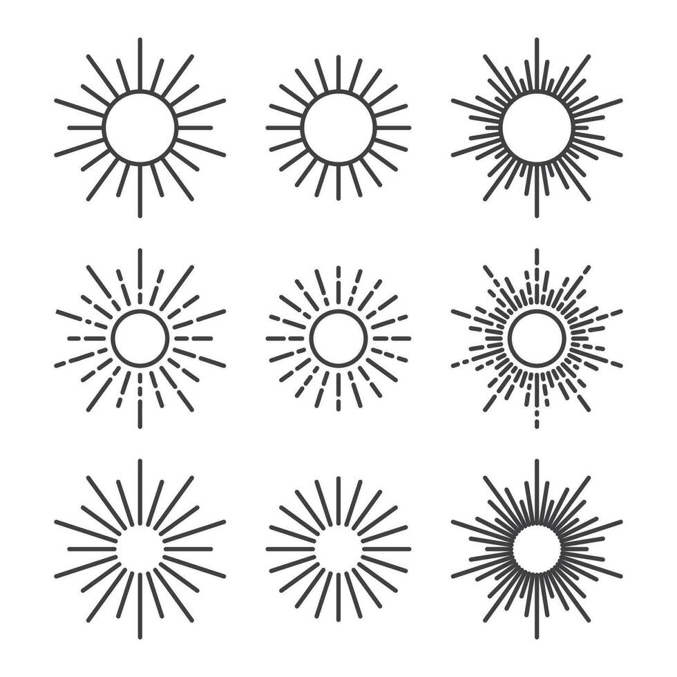 Set of line art sunburst icons outline sun vector illustration
