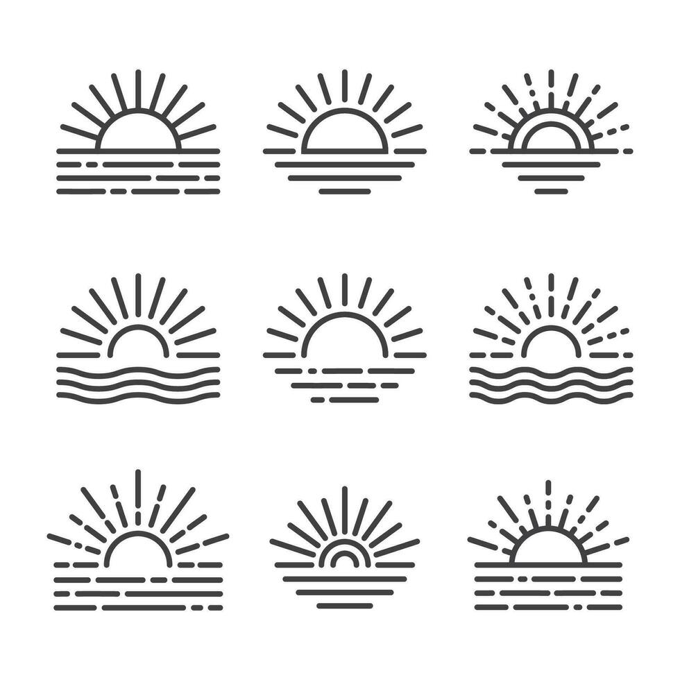 rayos de sol icono línea Arte concepto vector ilustración contorno Dom puesta de sol en conjunto