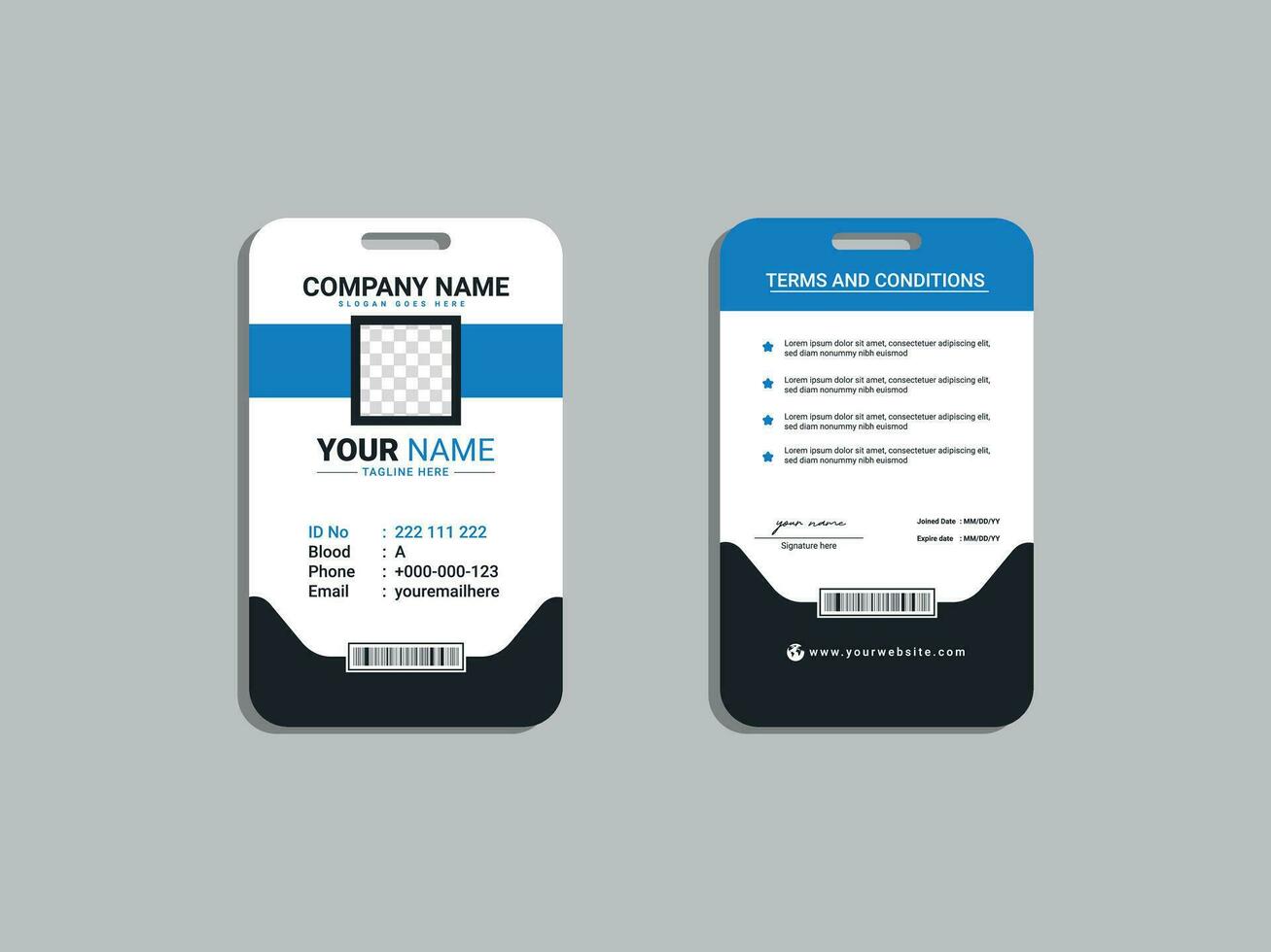 Employee ID card template font and back vector