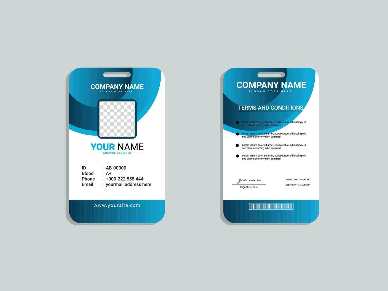Employee ID card template font and back vector