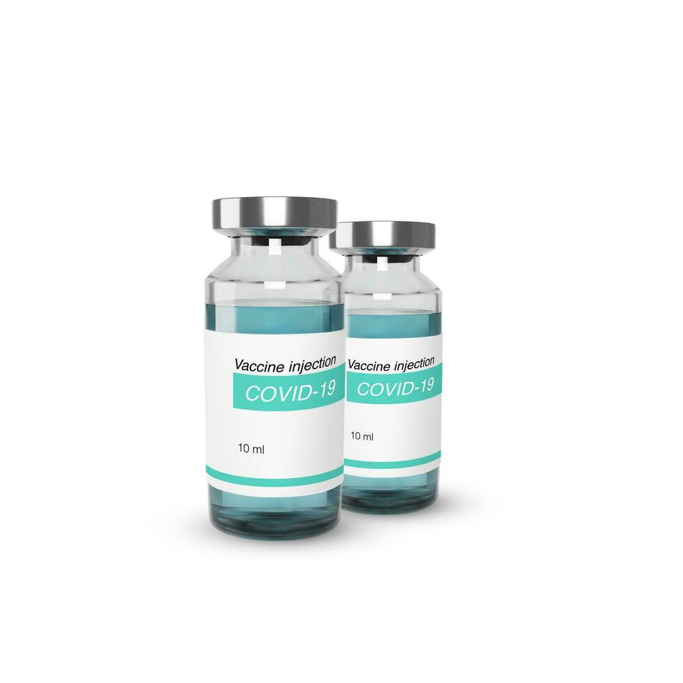 Realistic glass bottle with vaccine from covid 19. Vaccination and treatment web banner template. vector illustration