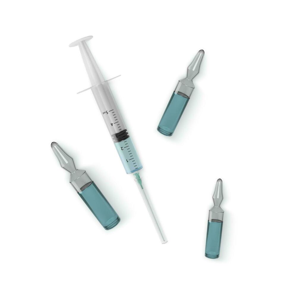 Realistic ampoule with vaccine and syringe. Vaccination and treatment concept. Vector