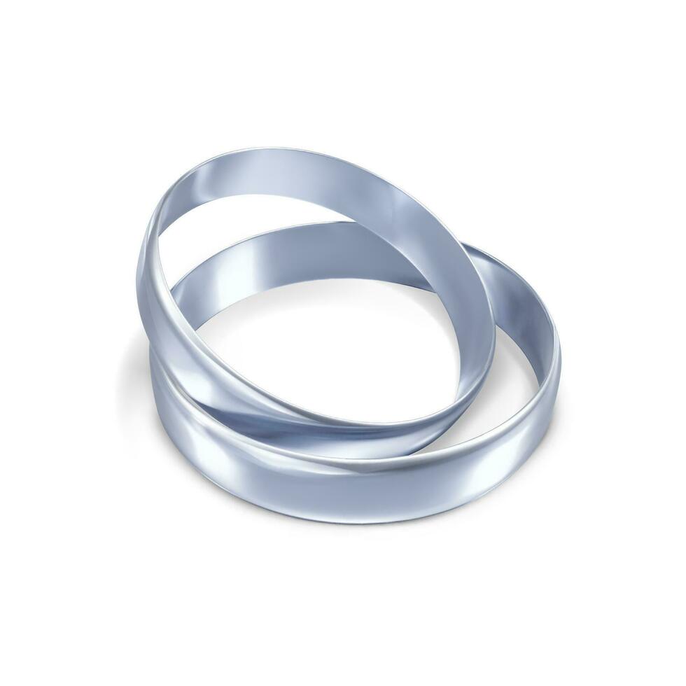 Couple of silver or platinum wedding rings. 3d jewelry object. Vector illustration