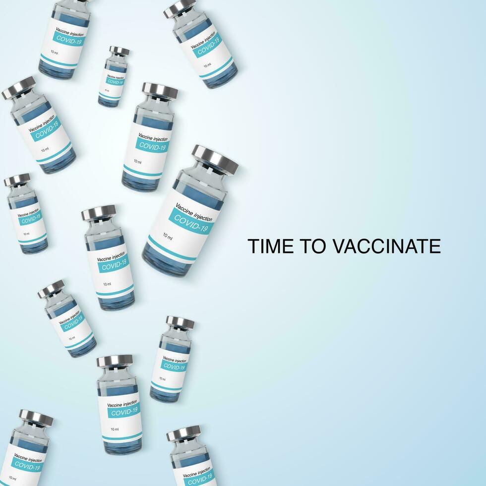 Glass vaccine bottle. Vaccination medicine global programm banner. Vector illustration