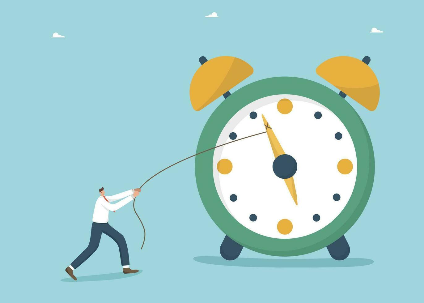 Time management and business planning, employee productivity for a certain period of time, urgent work, calendar schedule, meeting project deadlines, multitasking, man pulling back the clock hand. vector