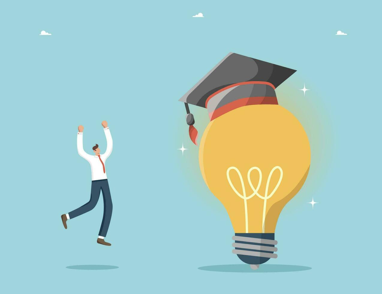 Studying and obtaining new knowledge to create innovations, developing intelligence and logic to find new opportunities, education and training courses, man stands near light bulb in academic hat. vector