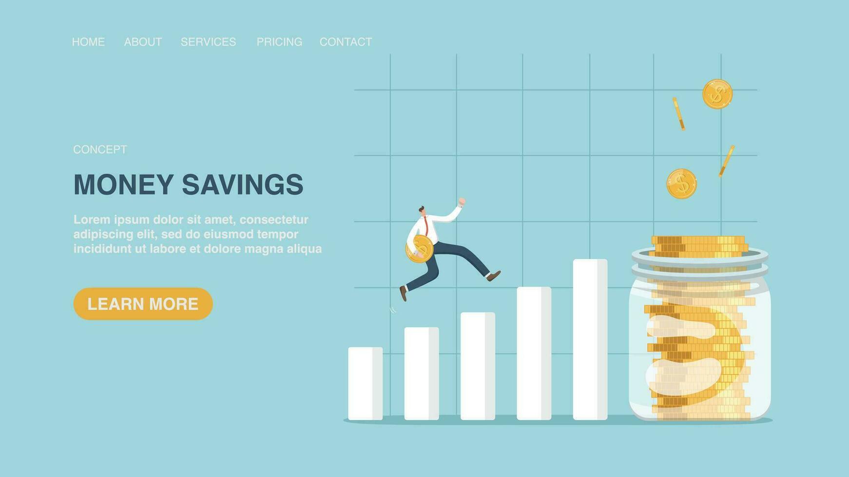 Vector illustration for poster, website or web page, banner with man runs with coin on growing schedule to a jar of coins. Money savings, financial and economic growth, profit from capital investments