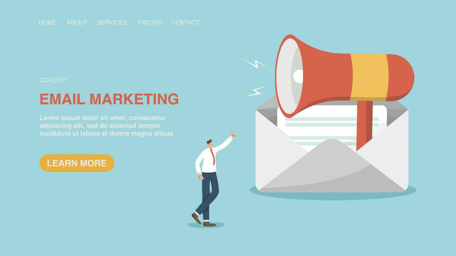 Vector illustration for poster, website or web page, banner with man pointing at large loudspeaker in envelope. Email marketing and newsletter, discounts and promo codes for subscription or targeting