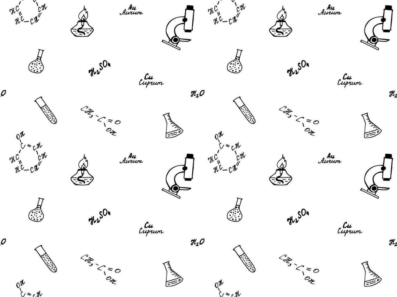 Seamless black and white doodle school pattern. Institute. Chemistry, formulas, flasks,test tubes vector