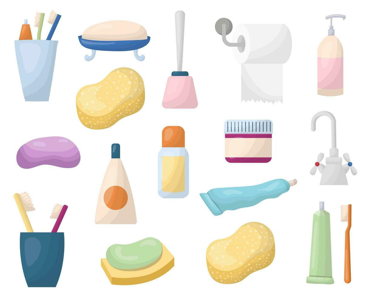Bathroom accessories, a set of personal hygiene items, vector illustration. Cleaning and body care products, towel