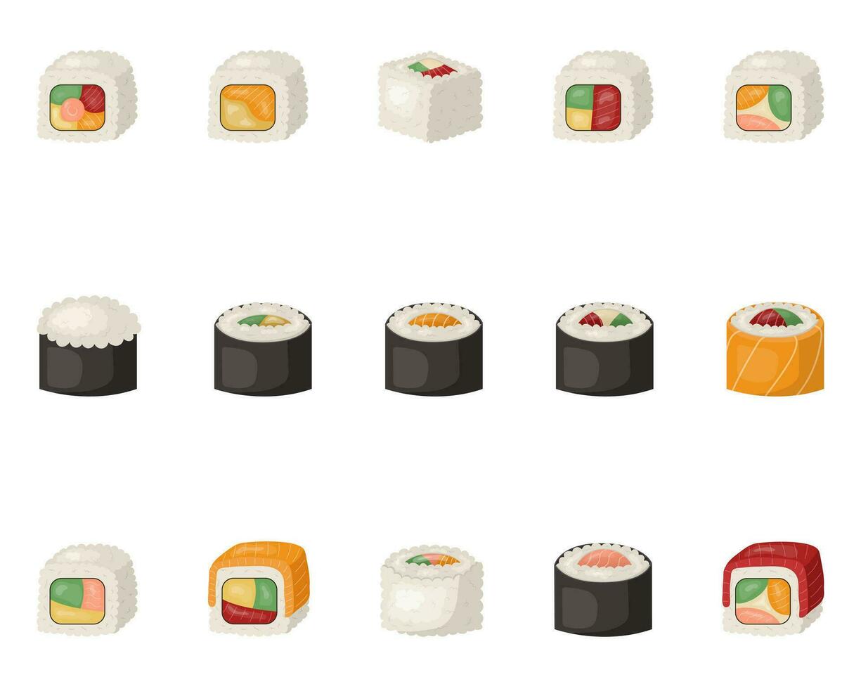 un conjunto de rollos, Sushi, japonés cocina. vector ilustración en un blanco fonema.