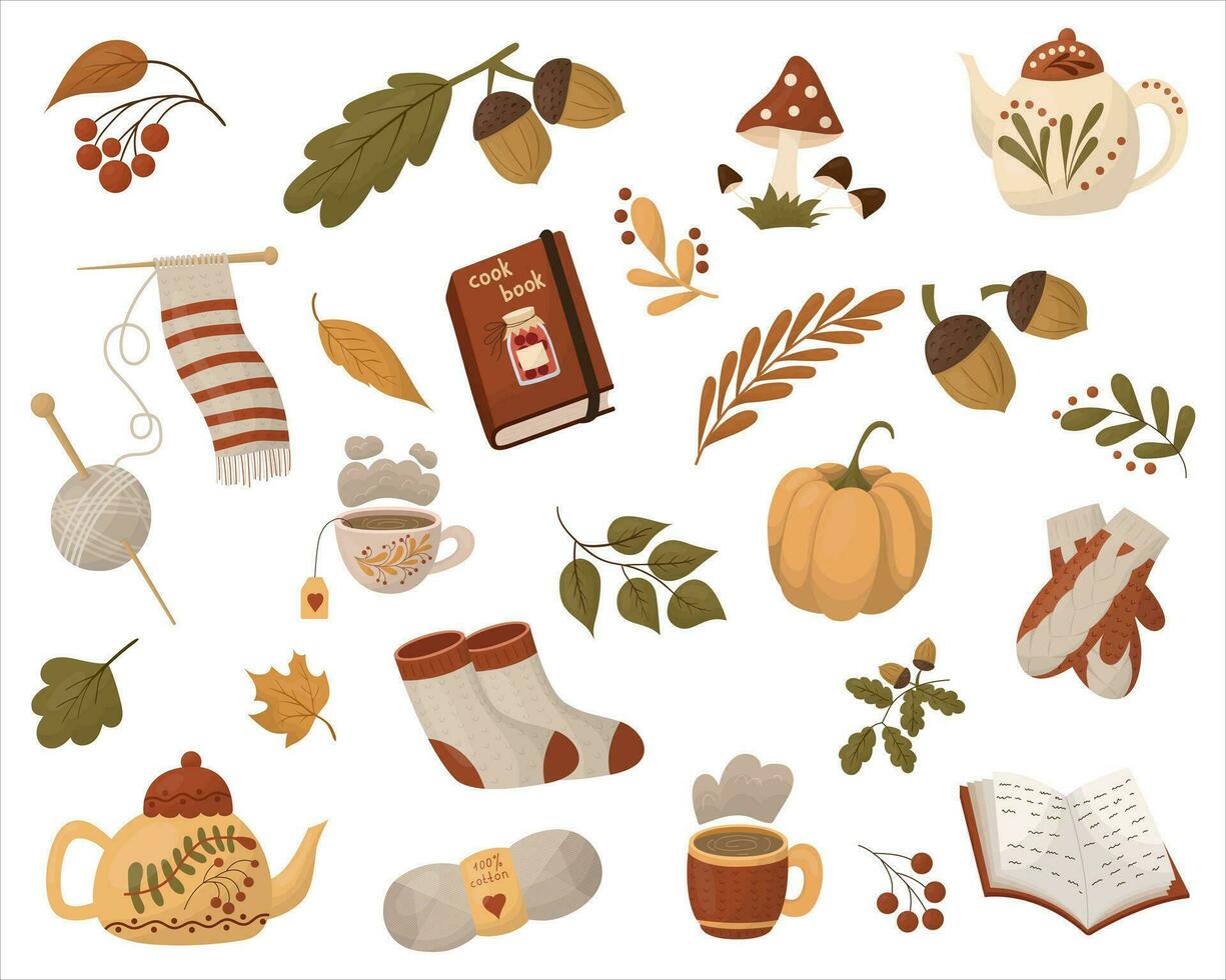 A set of autumn icons. The elements of the autumn season are ideal for postcards, posters, invitations, and a set of stickers. Vector illustration