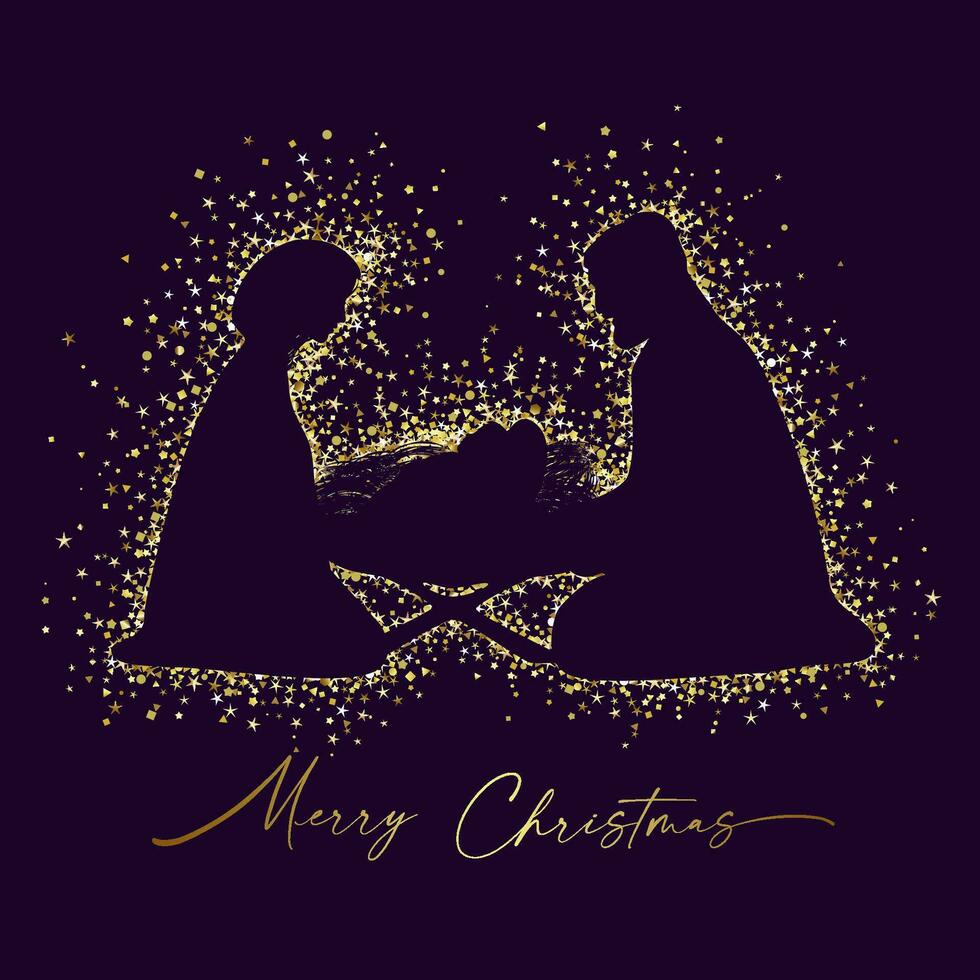 Christmas scene of baby Jesus in the manger with Mary and Joseph. Christian Nativity glittering card vector