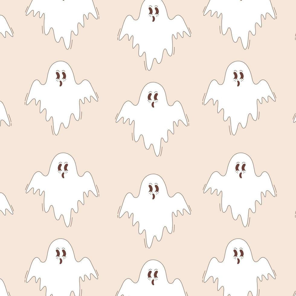 Halloween vector pattern. Boo ghost in groovy retro style.