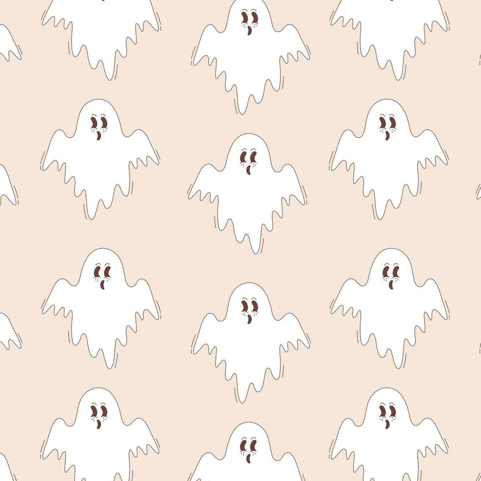 Halloween vector pattern. Boo ghost in groovy retro style.