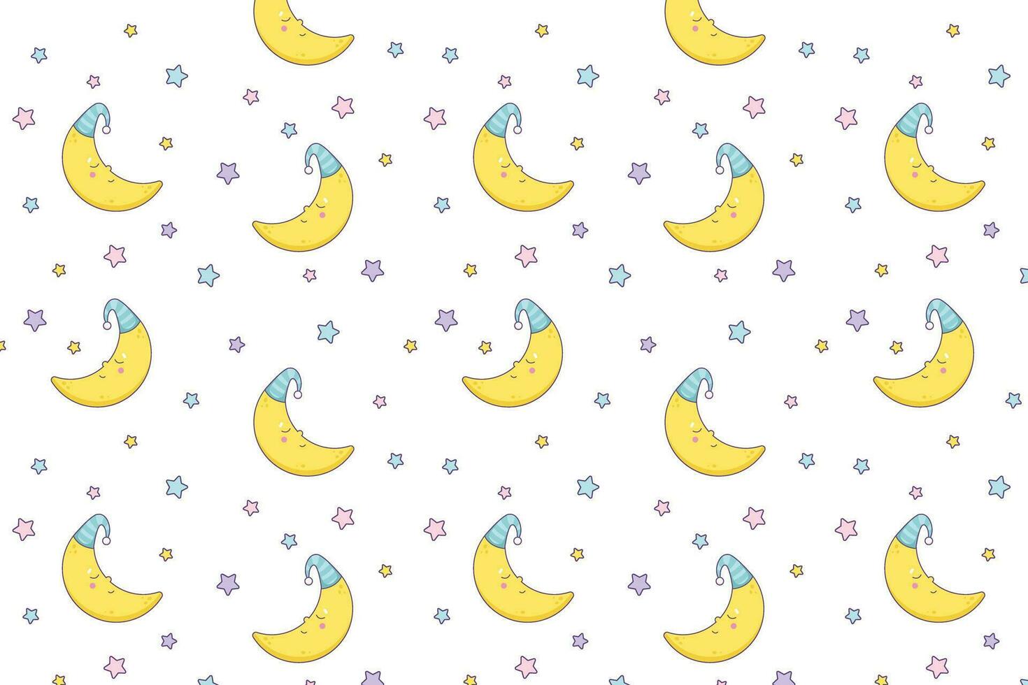 Cute baby vector pattern. Cartoon style smilling moon in night hat.