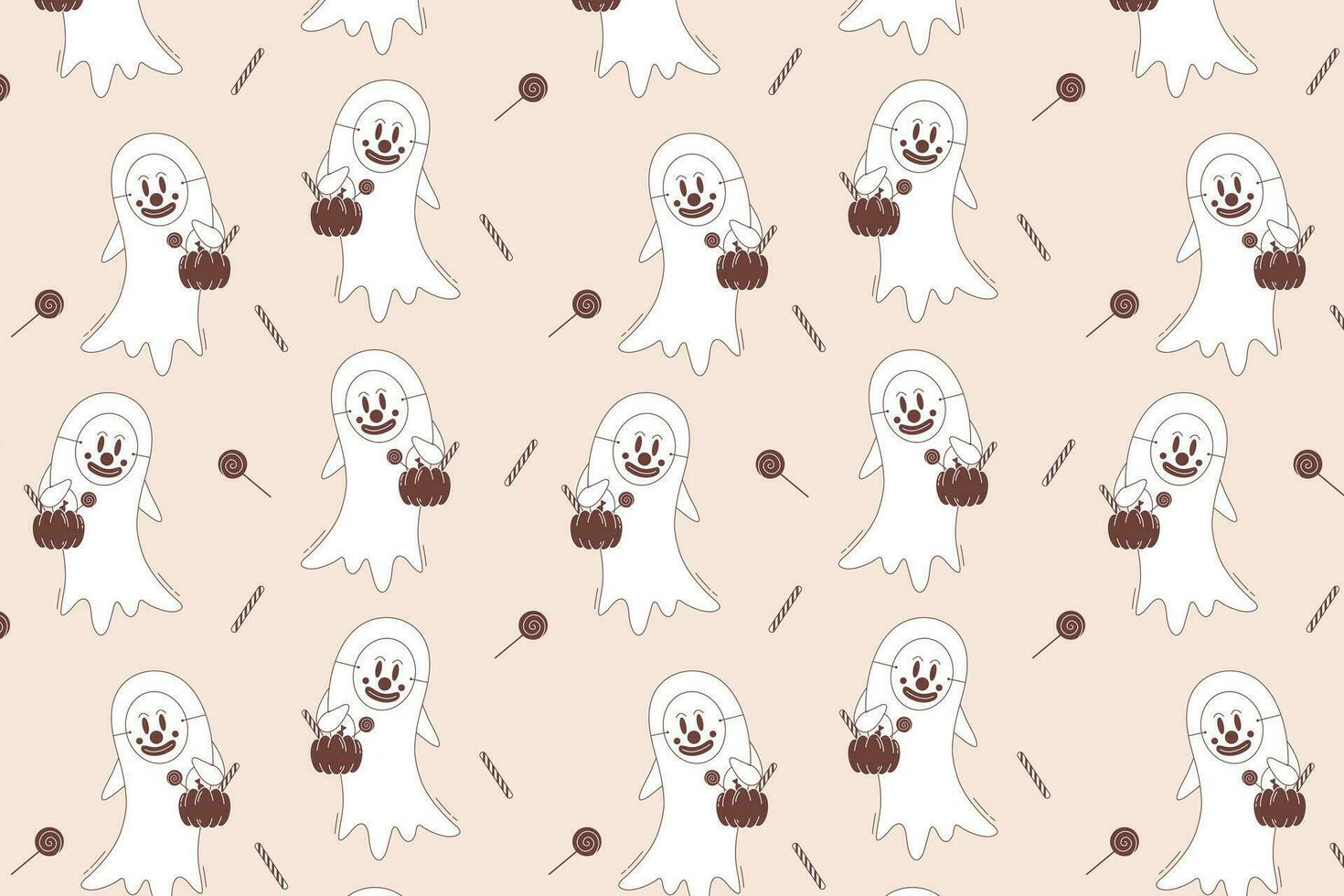 Halloween vector pattern. Ghost in creepy clown mask with pumpkin basket full of candies in retro style.