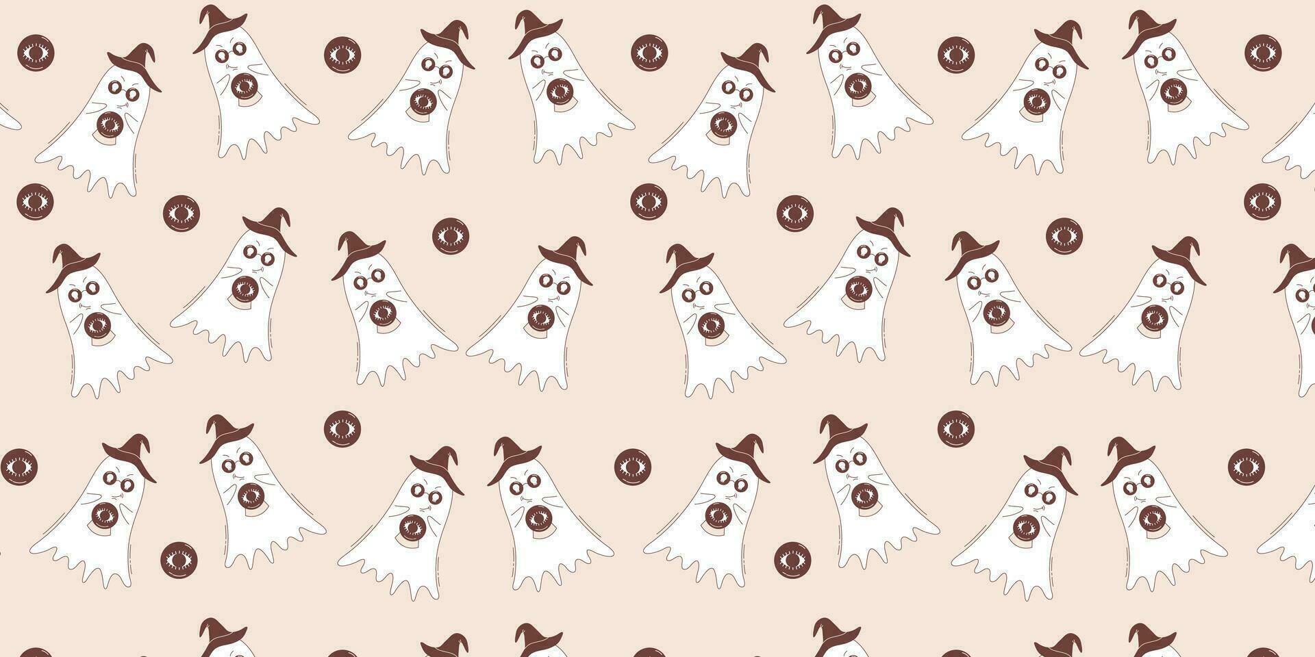Halloween vector pattern. Ghost with crystal ball in groovy retro style.