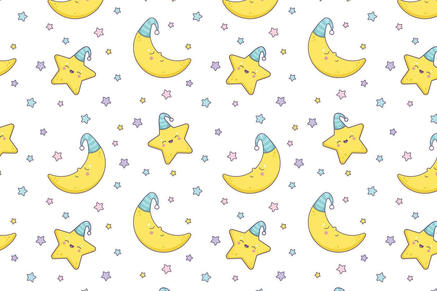 Cute baby vector pattern. Cartoon style moon and stars pattern.