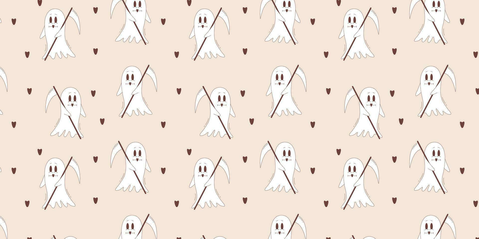 Halloween vector pattern. Grim reaper ghost in retro style.