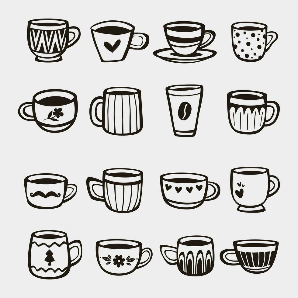 Set of hand drawn cups of tea and coffee vector