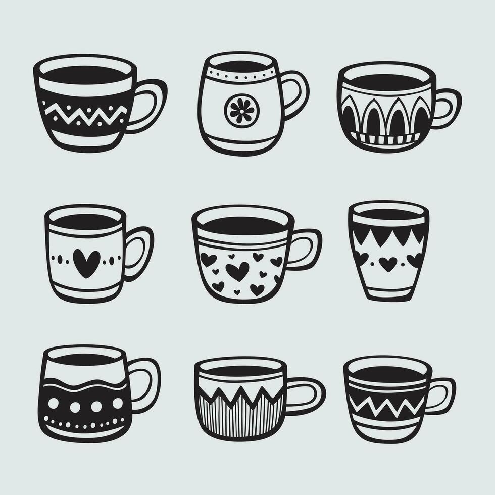 Set of hand drawn cups of tea and coffee vector