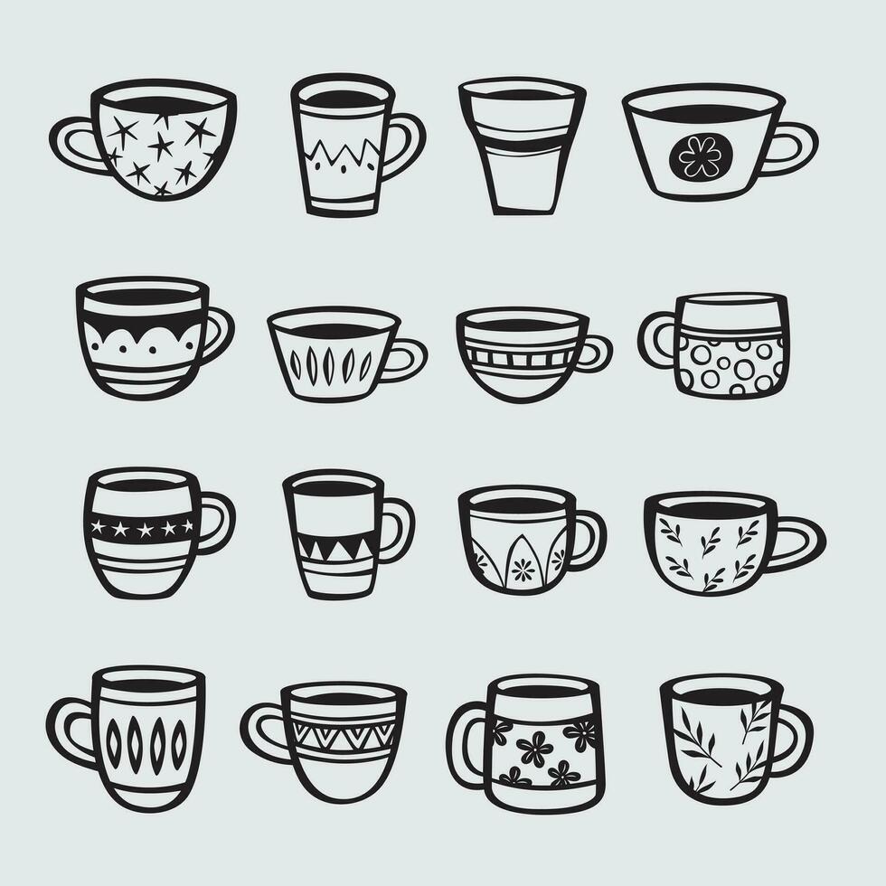 Set of hand drawn cups of tea and coffee vector