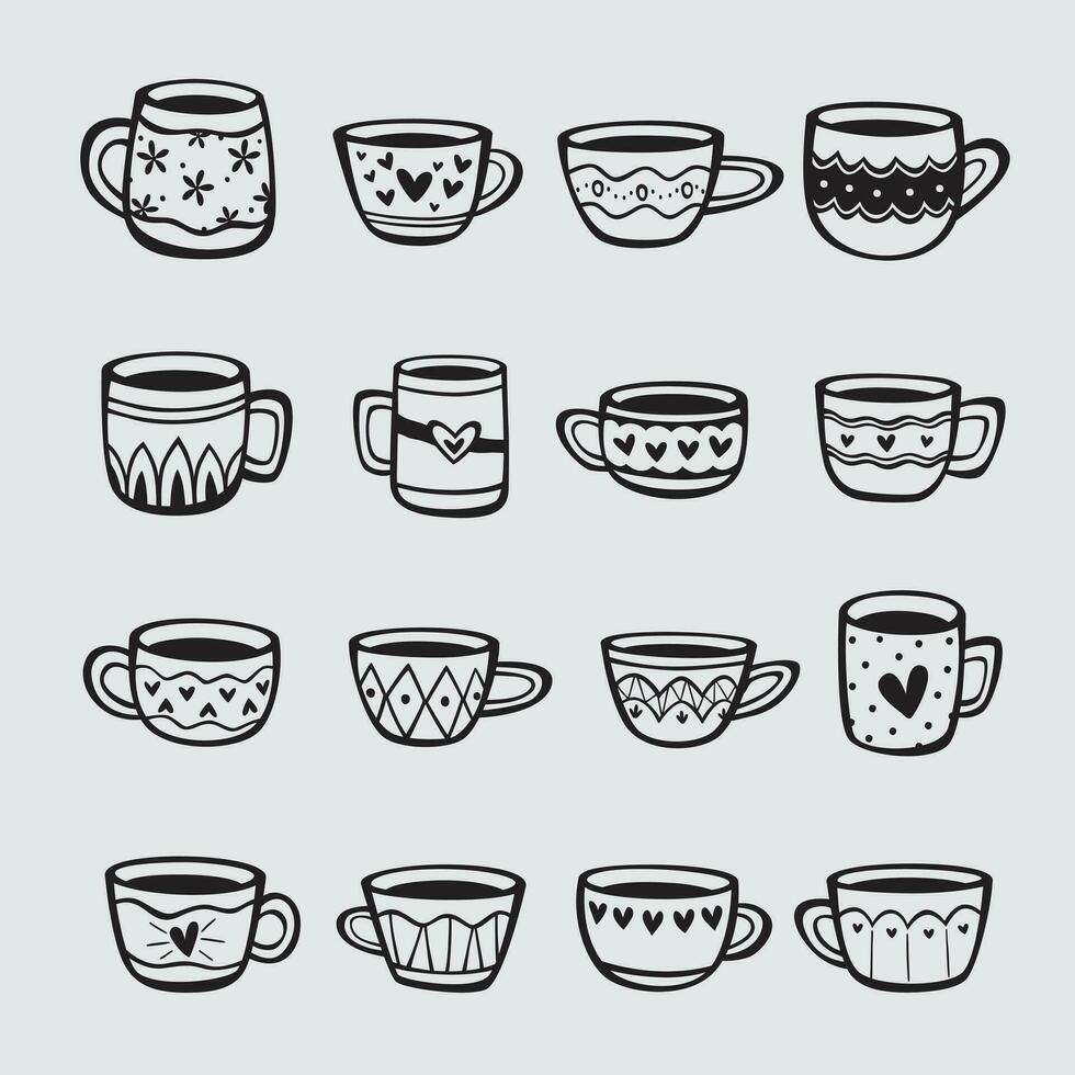 Set of hand drawn cups of tea and coffee vector