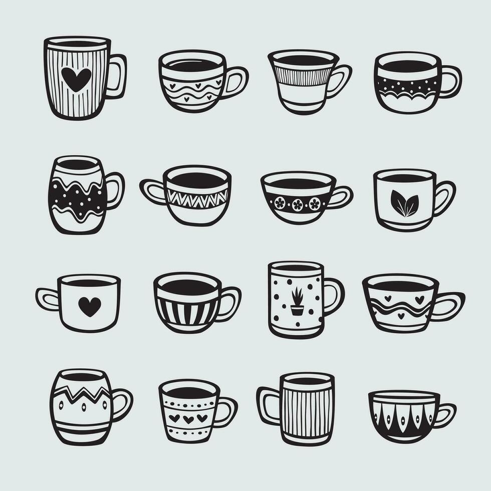 Set of hand drawn cups of tea and coffee vector