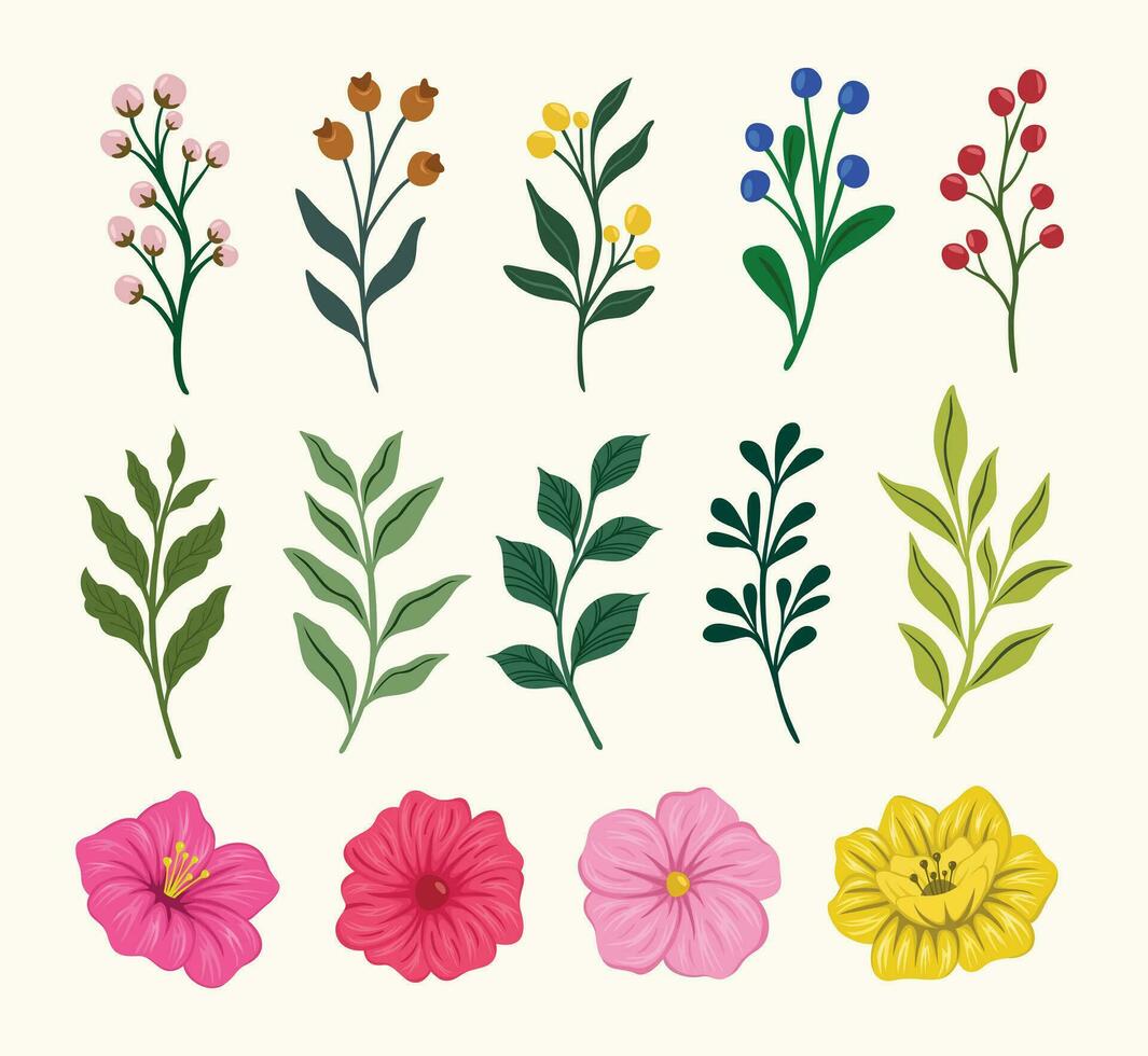 Trendy botanical elements, Hand drawn line leaves branches and blooming vector