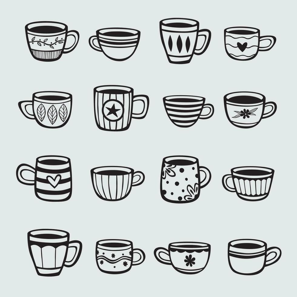 Set of hand drawn cups of tea and coffee vector