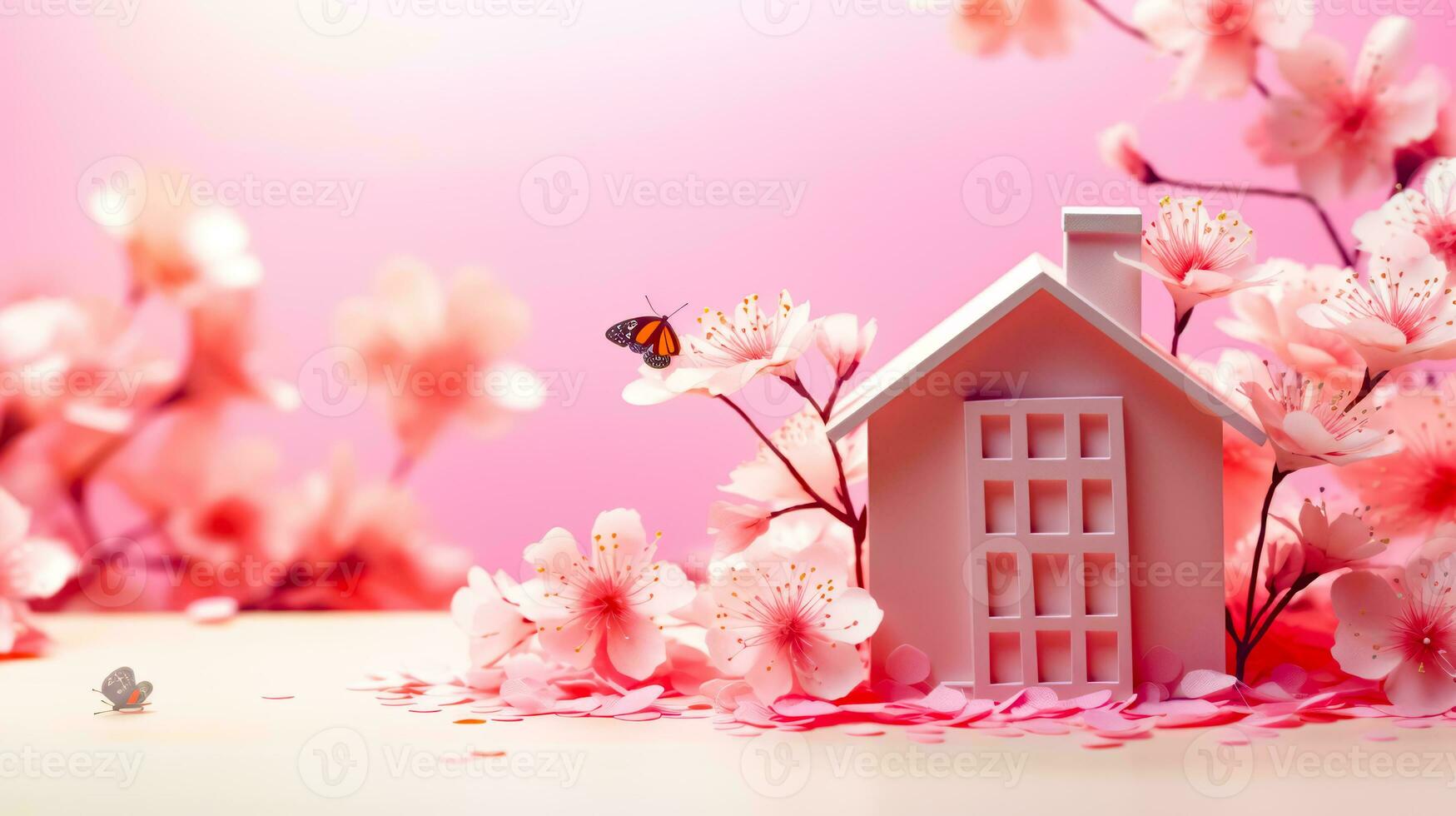 Pink house with flowers and butterfly flying over the top of it. Generative AI photo