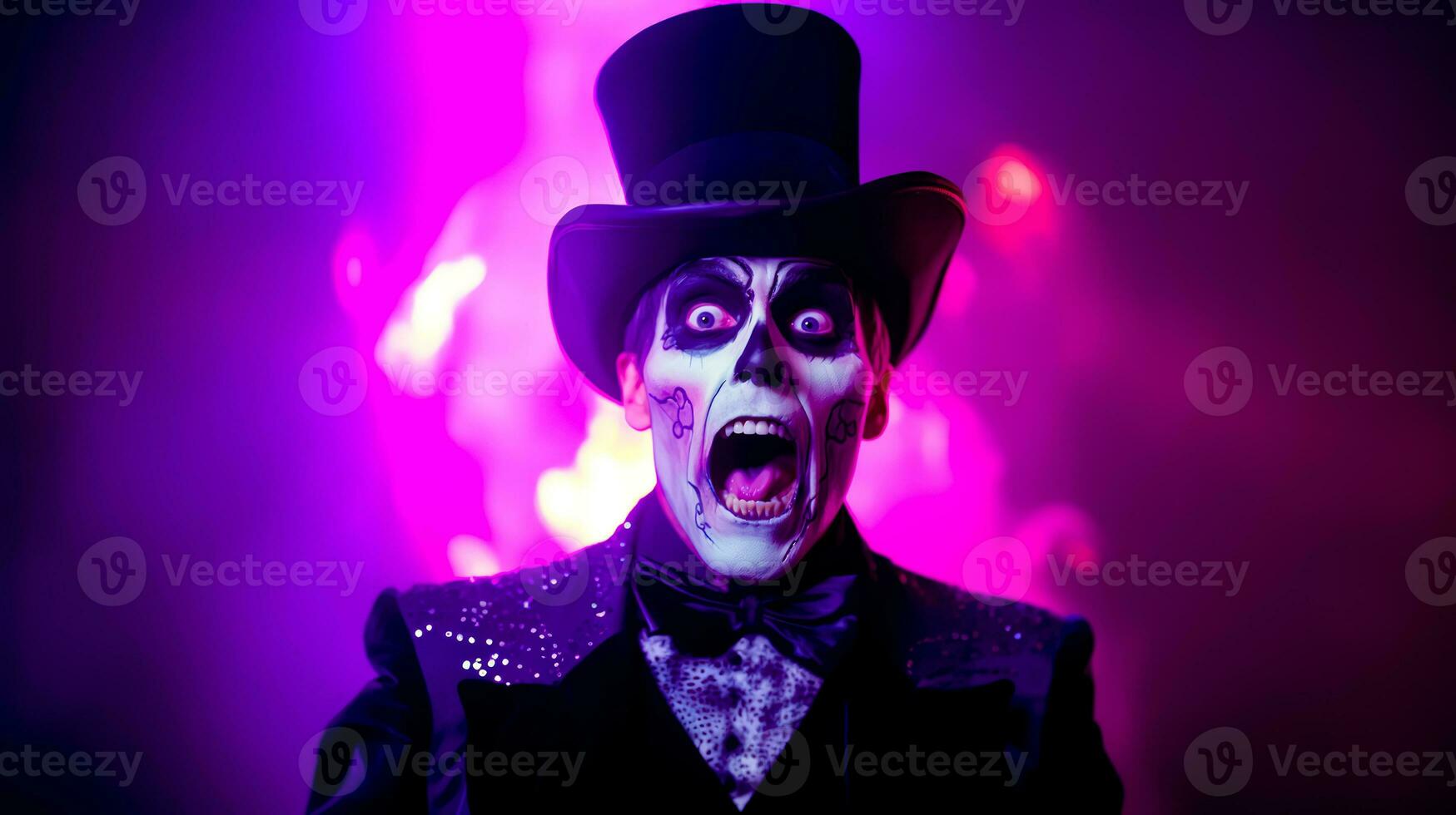 Man in top hat and costume with creepy look on his face. Generative AI photo