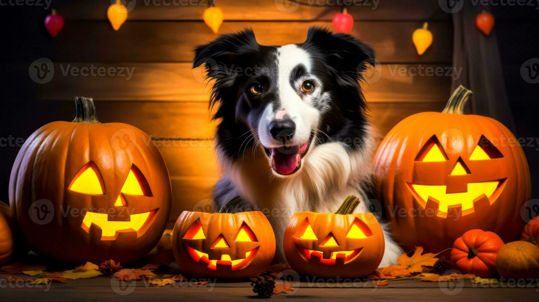 Black and white dog sitting next to pumpkins and jack - o - lanterns. Generative AI photo