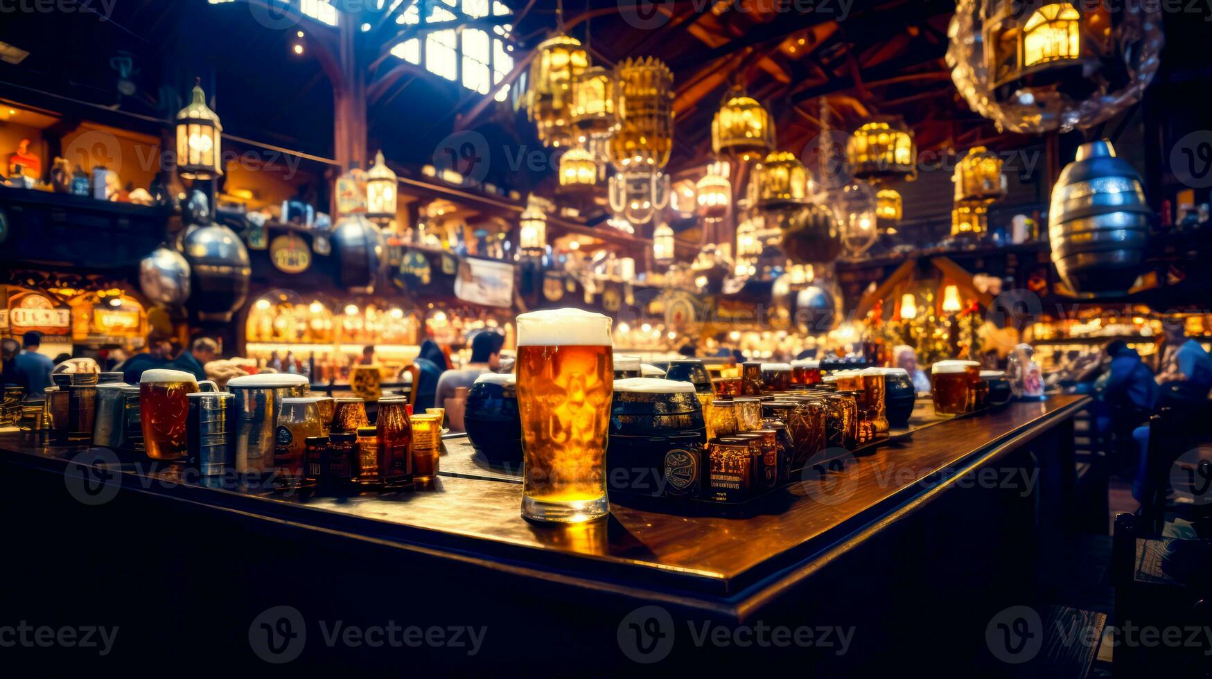 Table topped with lots of glasses filled with beer next to bar. Generative AI photo