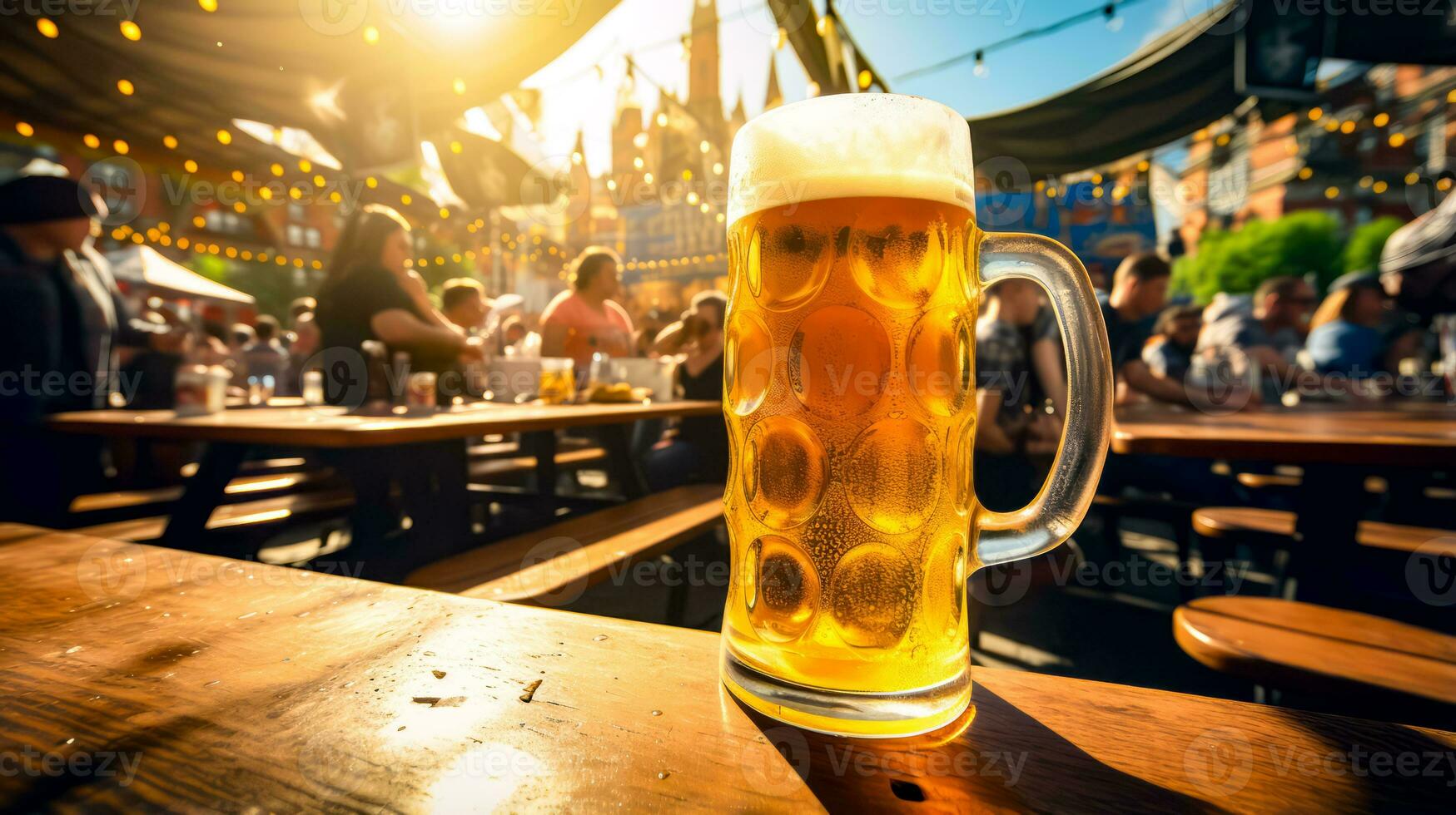 Mug of beer sitting on top of wooden table in restaurant. Generative AI photo