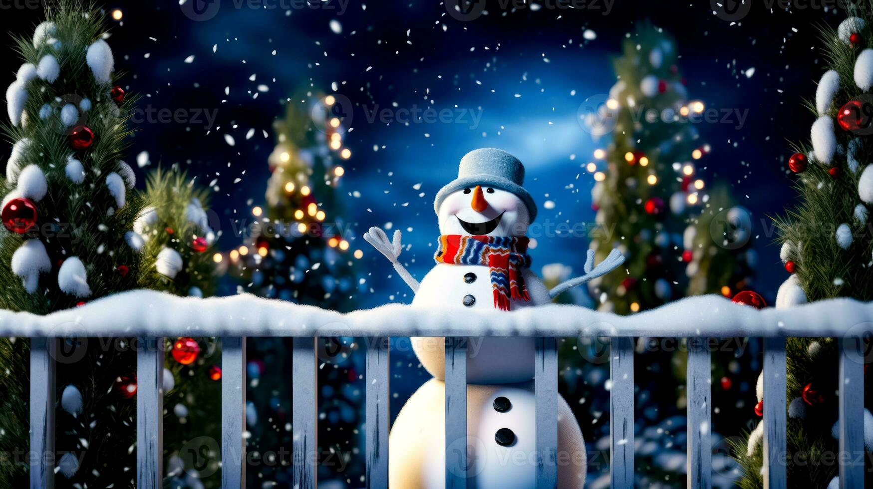 Snowman with hat and scarf standing in front of fence. Generative AI photo