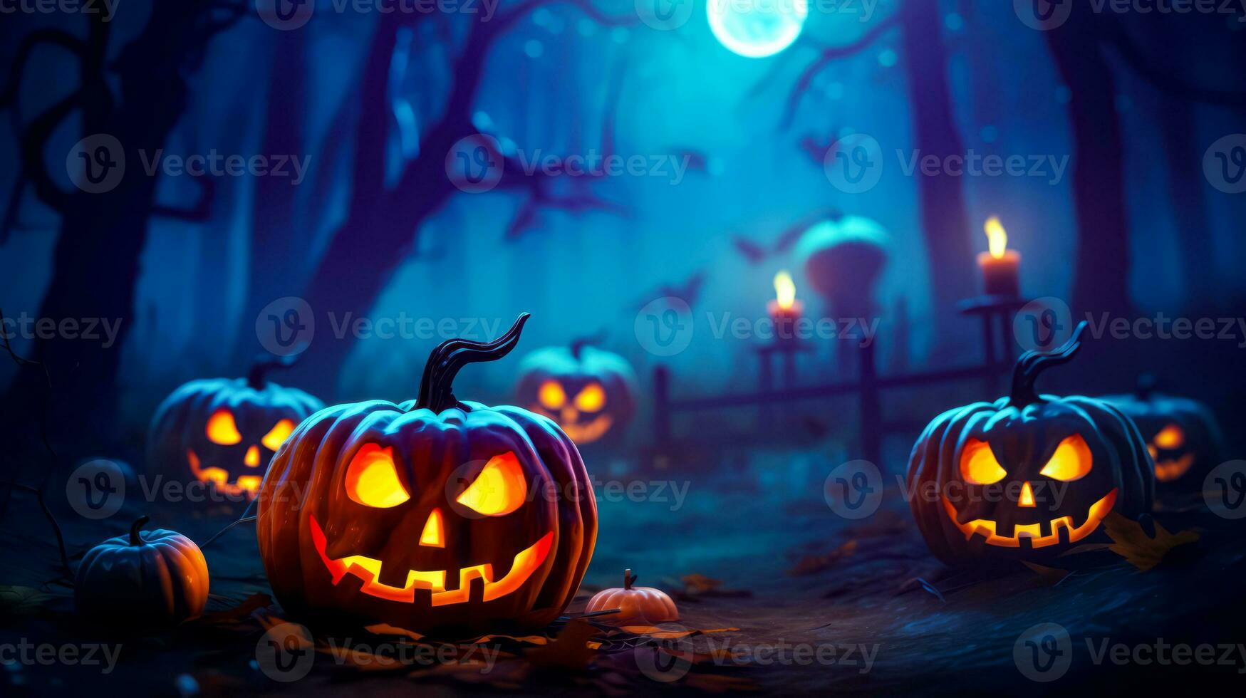Group of jack o lantern pumpkins lit up in dark forest. Generative AI photo