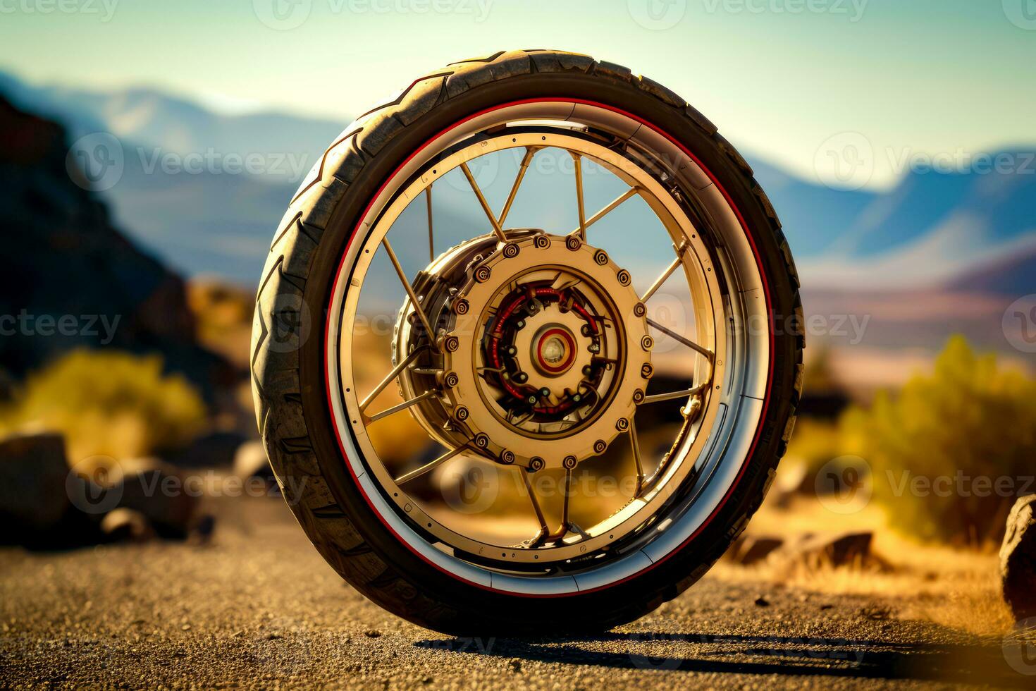 Close up of motorcycle tire on dirt road with mountains in the background. Generative AI photo